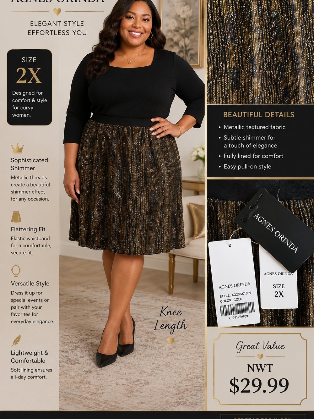 Agnes Orinda Gold Metallic Knee-Length Skirt - Size 2X